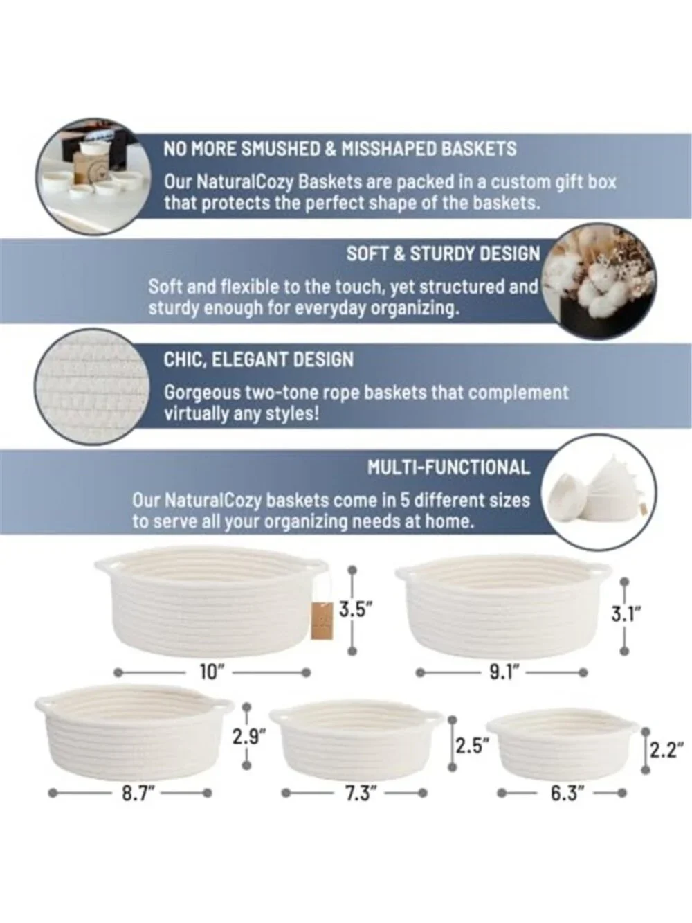 New 5-Piece Round Woven Cotton Rope Storage Baskets for Organizing, Small Shallo